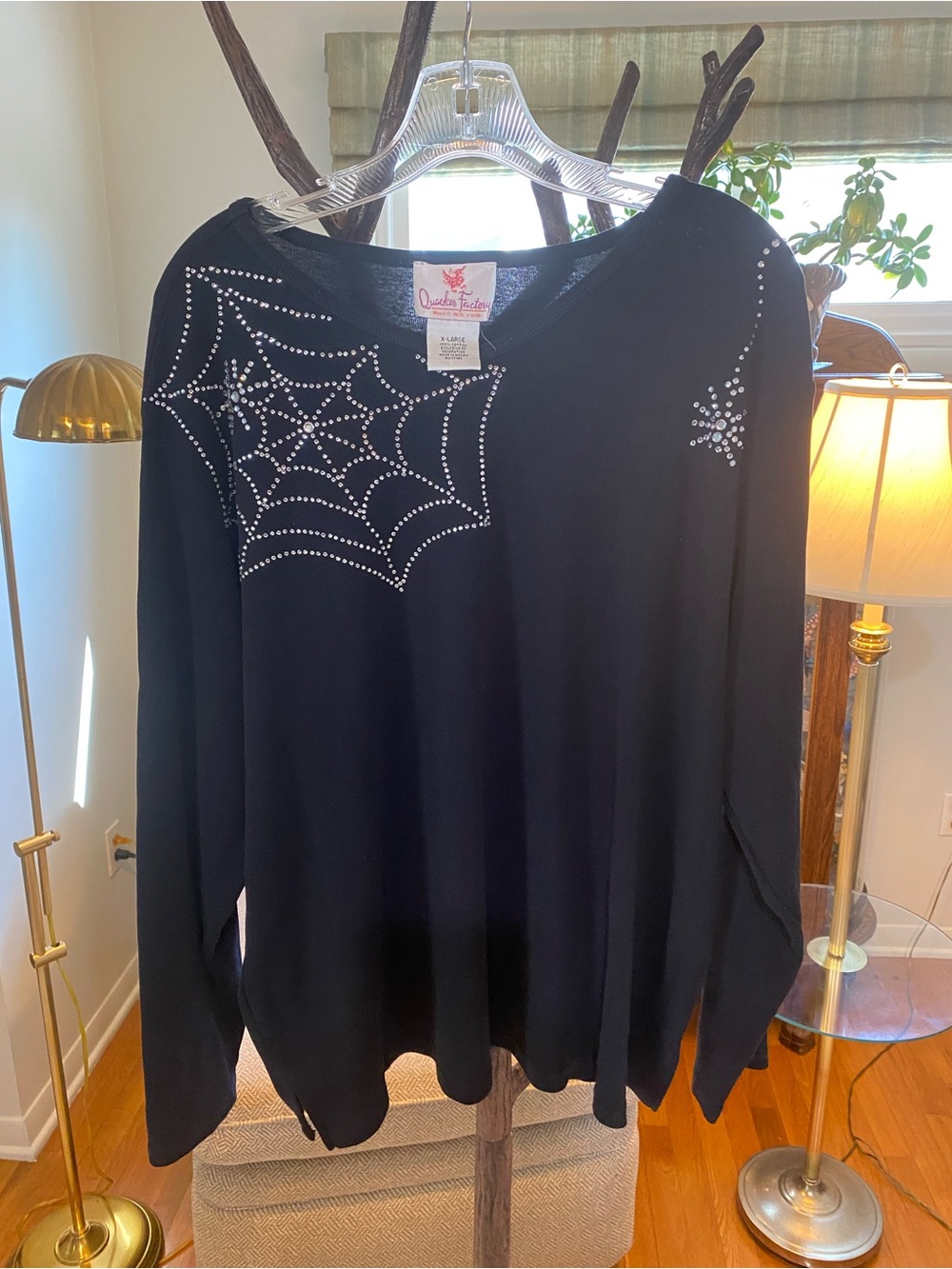 Quacker Factory Black Rhinestone Spiderweb Pullover Long Sleeve XL
